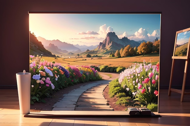 A tv screen with a landscape of flowers and a landscape of flowers.