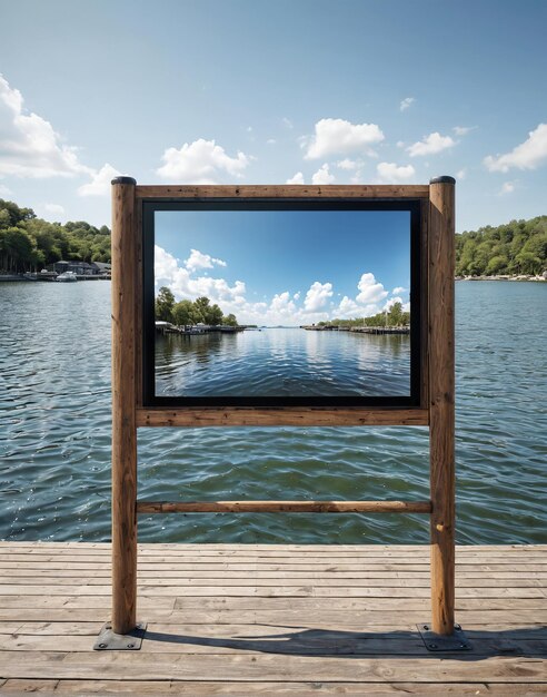 a tv screen on a wooden dock