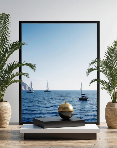 a tv screen on a wooden table with a plant and a vase