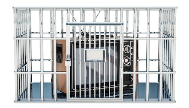 Photo tv set inside cage prison cell freedom of information prohibition concept 3d rendering