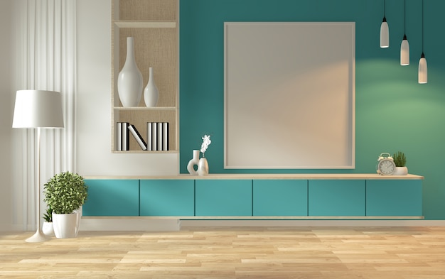 Tv shelf in mint room modern tropical style - empty room interior - minimal design. 3d rendering