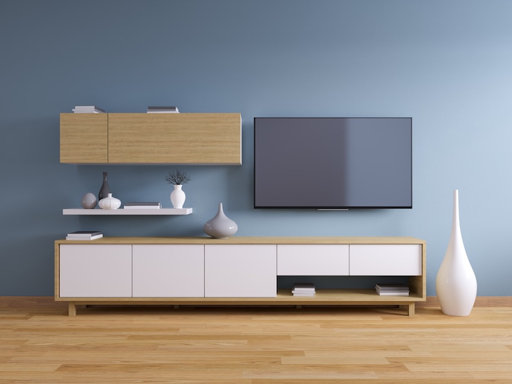 Photo tv stand and modern interior of living room design