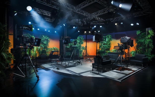 Photo tv studio with camera and lights