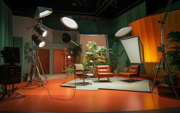 Foto studio televisivo con telecamera e luci