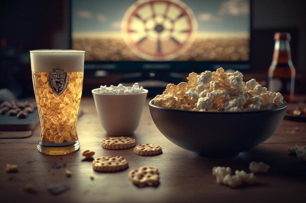 TV television watching football match with snacks and alcohol relax in front of the TV A fan match play off a plate of potato chips mug of beer on the table Popcorn drinks