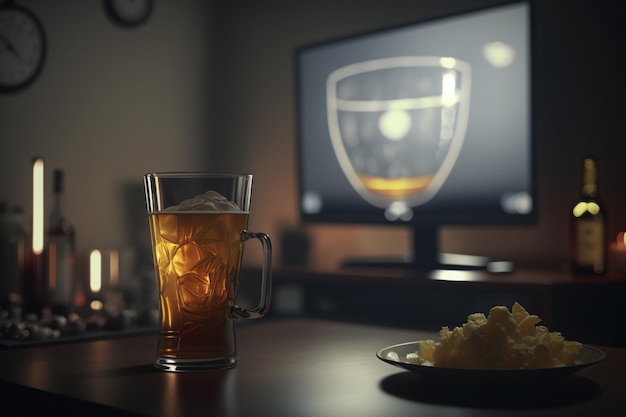 TV television watching football match with snacks and alcohol relax in front of the TV A fan match play off a plate of potato chips mug of beer on the table Popcorn drinks