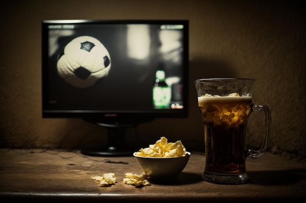 Photo tv television watching football match with snacks and alcohol relax in front of the tv a fan match play off a plate of potato chips mug of beer on the table popcorn drinks