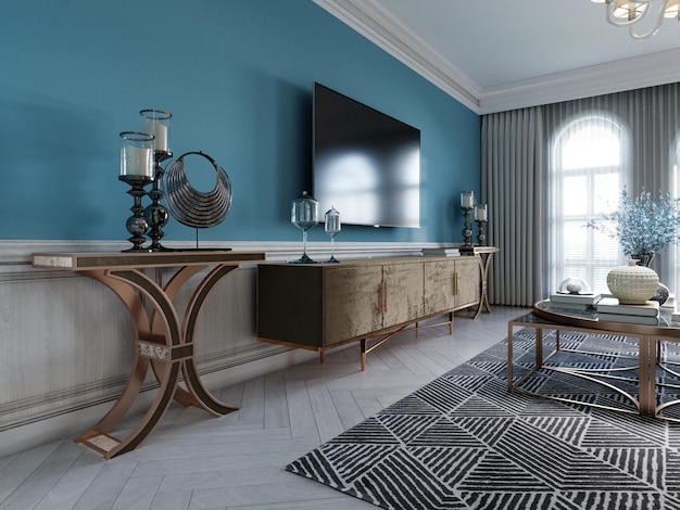 Tv unit, tv set in a modern living room in a classic style with\
blue walls, black tv cabinet, console table with interior decor. 3d\
rendering.