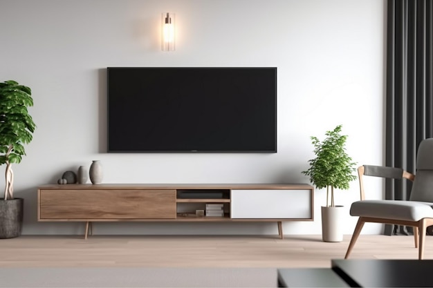 A tv on a wall in a living room with a plant on the right side.