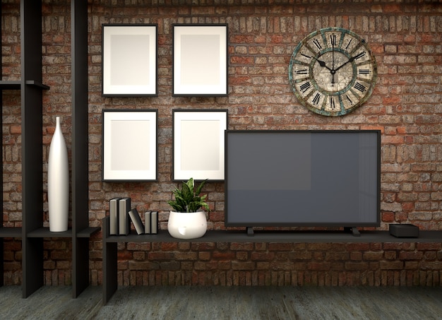 Photo tv on the wall in loft living room. 3d rendering