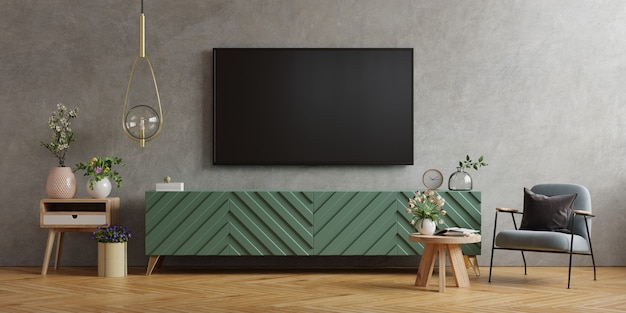 TV wall mount on cabinet the in modern living room the concrete wall, 3d rendering