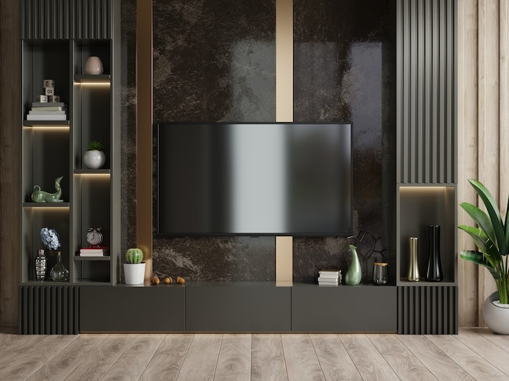 Photo tv wall mounted in a dark room with a dark marble wall.3d rendering