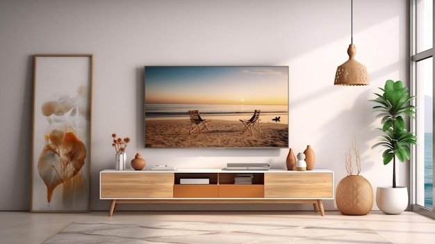 해변 장면의 사진이 있는 벽에 걸린 TV.