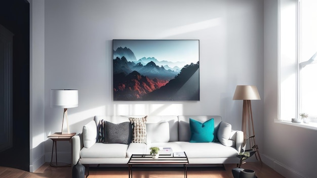 A tv on a wall with a picture of mountains on it.