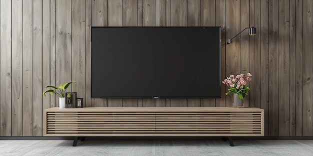 a tv on a wall with a wooden wall behind it