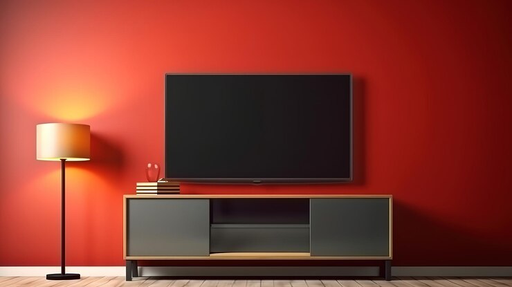 TV with blank screen on wall background Bright color Generative Ai