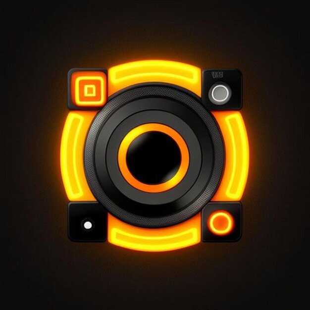 Photo tv with camera glowing neon icon on brick wall background