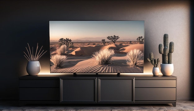 A tv with a desert scene on the screen