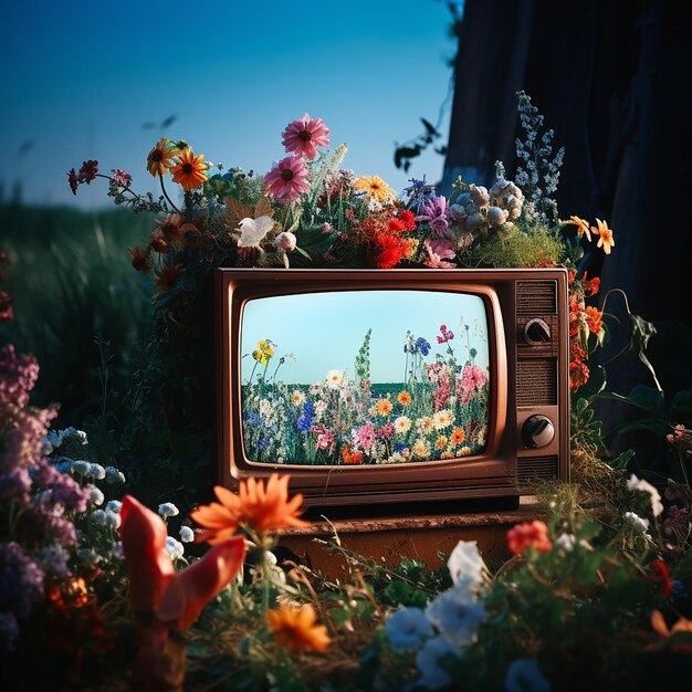 Photo a tv with flowers