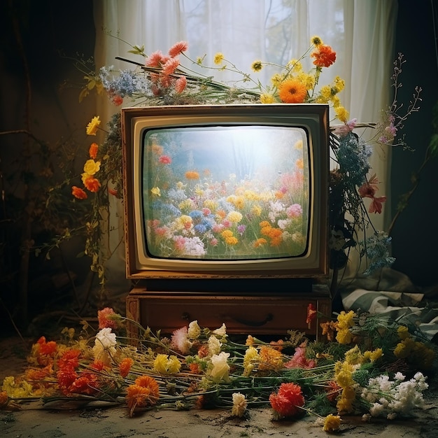 a tv with flowers