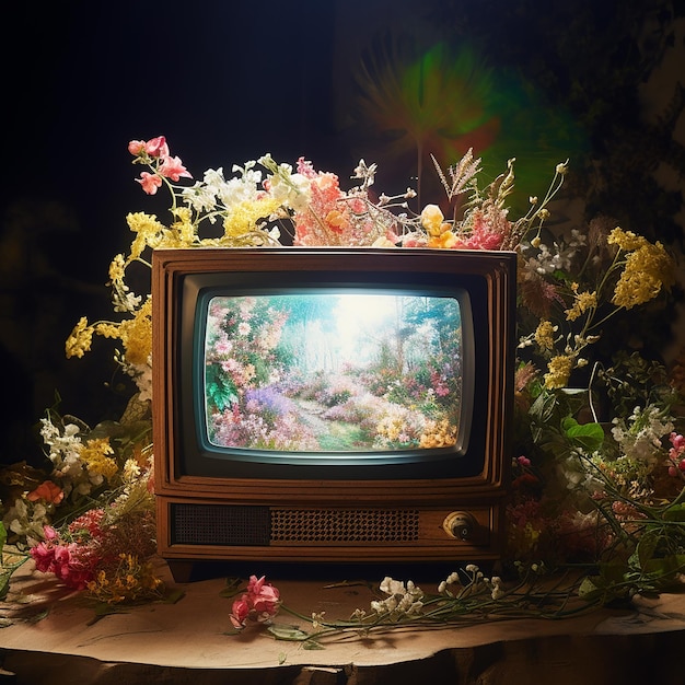 a tv with flowers