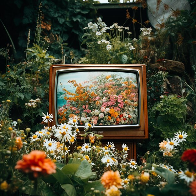 a tv with flowers