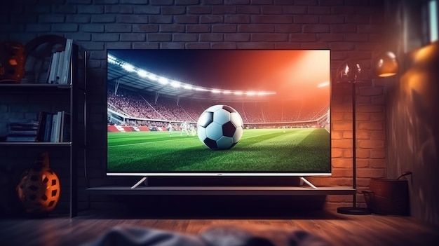 Телевизор с футбольной игрой в стильной гостиной квартиры