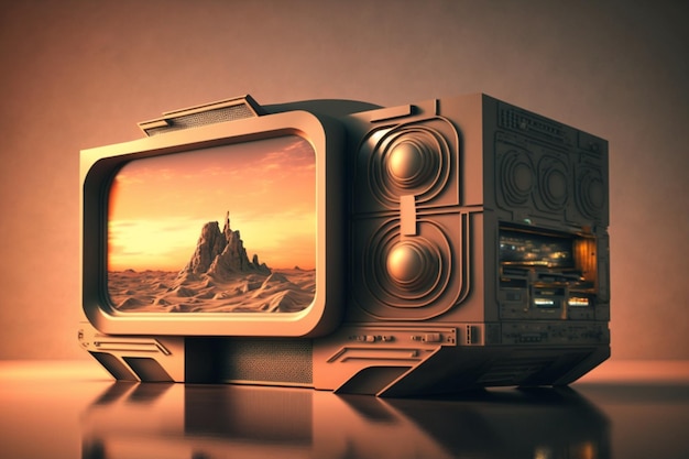 A tv with a picture of a desert scene on it