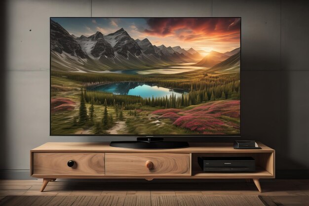 TV on the wooden cabinet in modern living room ai generative