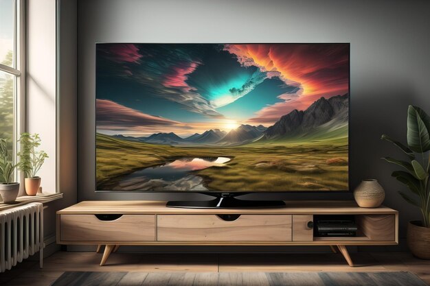 TV on the wooden cabinet in modern living room ai generative