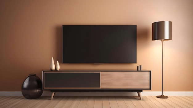 Tv on a wooden wall in a living room with orange walls and vases.