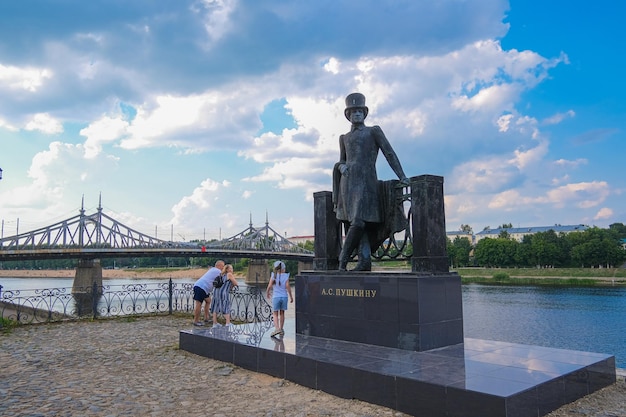 Tver cityscape on Volga river with bridges in summer Russia