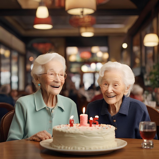 Twee 85-jarige tweelingen genieten van een verjaardagsfeestje in een restaurant.