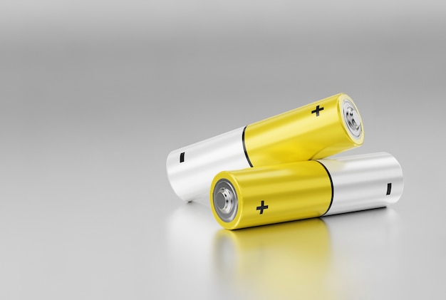 Twee AA-formaat gele batterijen op een metalen ondergrond. 3D render.