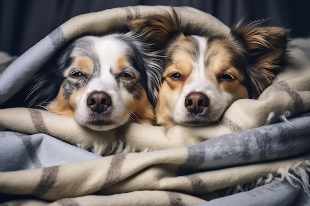 Twee aanhankelijke honden nestelden zich onder een knus dekentje in bed