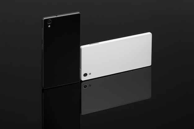 Twee aanraking mobiele telefoon zwart-wit op een donkere achtergrond met reflectie 3d illustratie