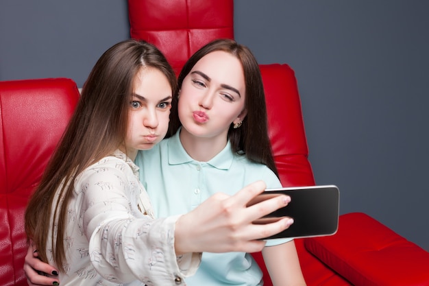 Twee aantrekkelijke vriendinnen maken selfie met telefoon