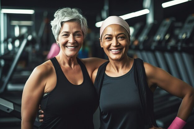 Foto twee aantrekkelijke vrouwen van middelbare leeftijd in de sportschool.