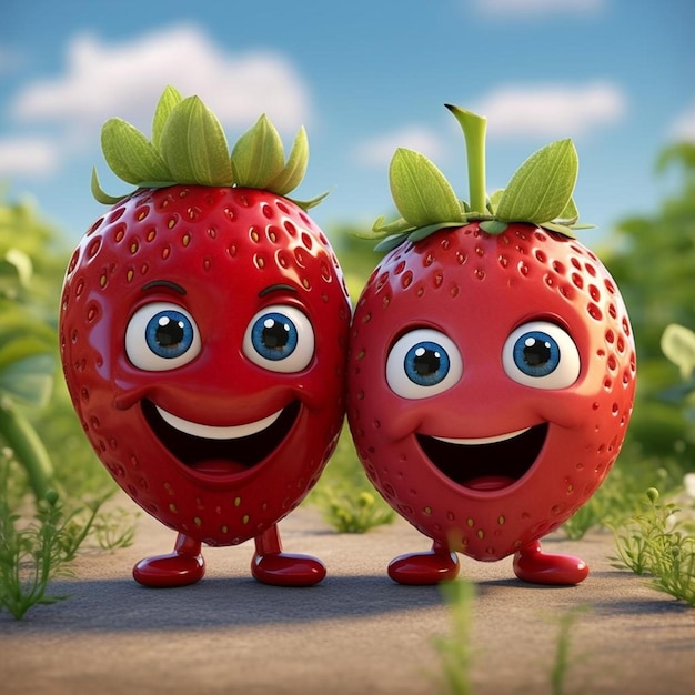 Twee aardbeien met een glimlach die blije gezichten zegt.