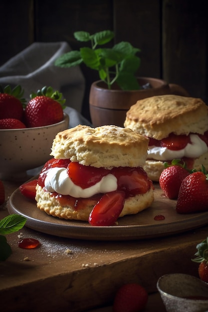 Twee aardbeien shortcakes met een kom verse aardbeien op de achtergrond.