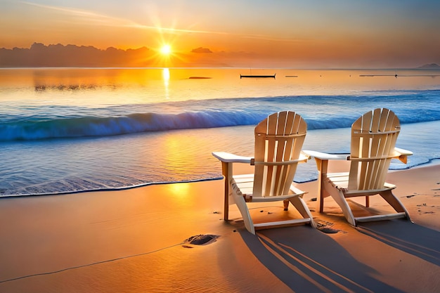 Twee Adirondack stoelen op een strand bij zonsondergang