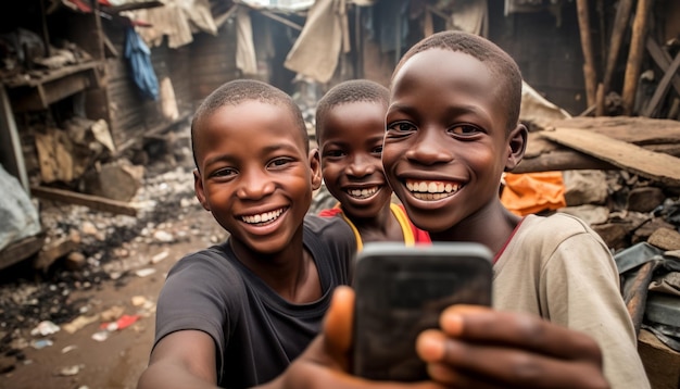 twee Afrikaanse jongens in de sloppenwijken nemen een selfie lachend