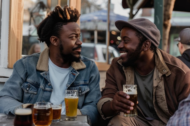 Foto twee afro-amerikaanse vrienden genieten samen van bier en voeren een gesprek dat de