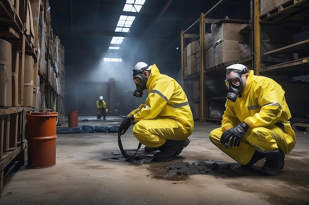 Twee agenten met gasmaskers inspecteerden het gebied van een chemisch lek.