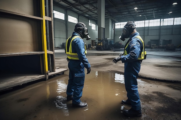 Twee agenten met gasmaskers inspecteerden het gebied van een chemisch lek.