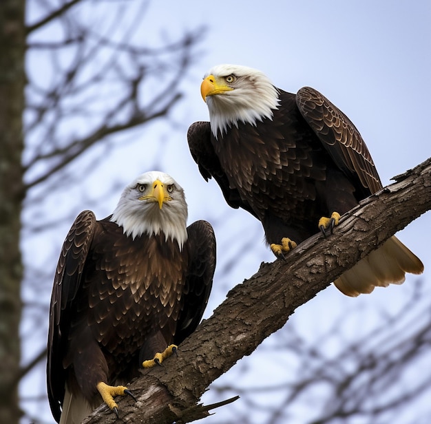 Twee Amerikaanse zeearenden zaten op een boomtak met een blauwe lucht op de achtergrond generatieve ai