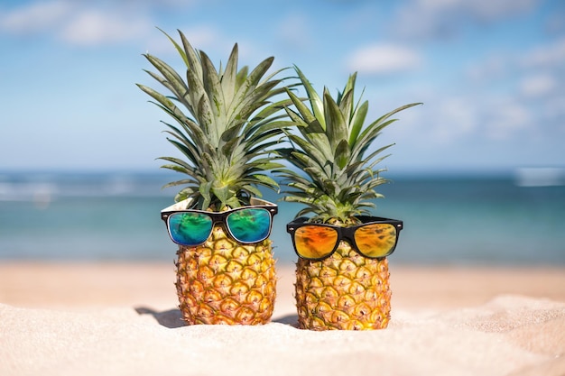 Twee ananasjes met trendy zonnebril op het strand.