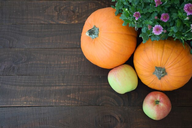 Twee appels en twee oranje pompoenen op achtergrond van oude bruine houten plank. Herfst oogst, Thanksgiving Day concept.