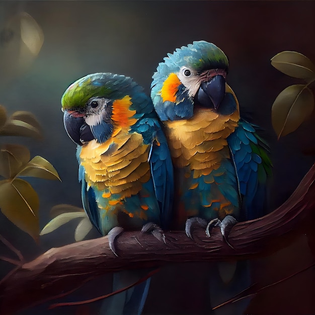Twee ara papegaaien zittend op een tak van een boom