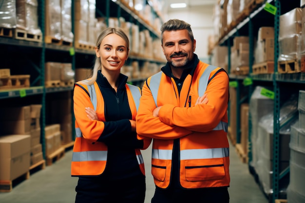 Twee arbeiders in vesten glimlachen in het magazijn Gelukkige medewerkers Hoge planken op voorraad AI Genera